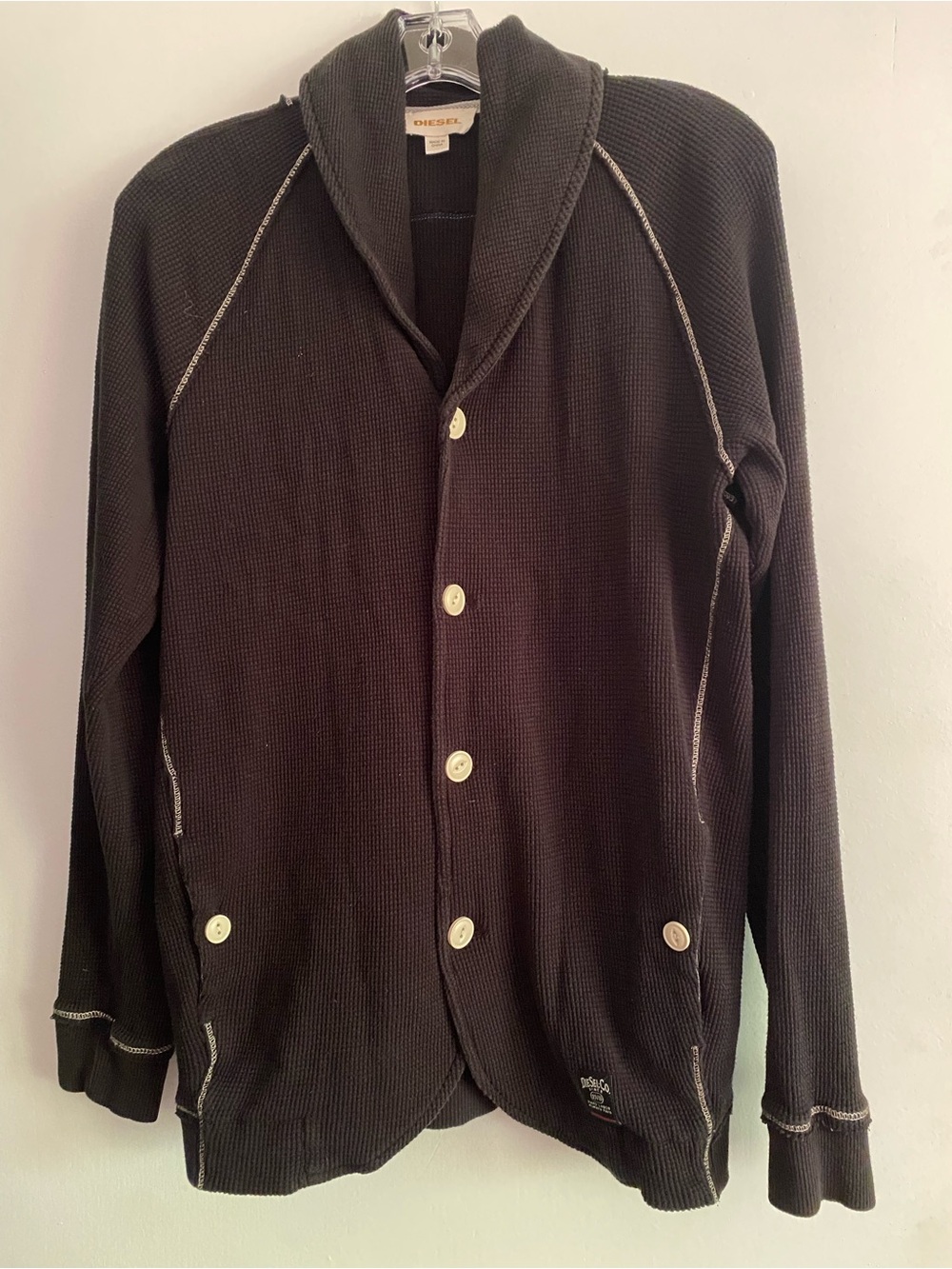 DIESEL Men’s Black Thermal Knit Cardigan-Size L